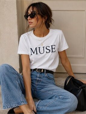 Reserved “MUSE” Graphic Tee | Minimalist‎ Parisian Style White T-Shirt Medium